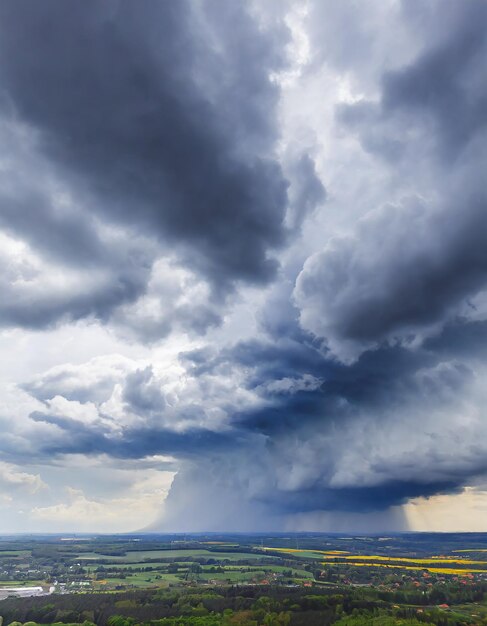 Il cielo scuro con nubi pesanti che convergono e una violenta tempesta prima della pioggia