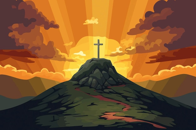 Il cielo sopra la collina del Golgota nella luce maestosa dei cartoni animati rivela il simbolo della Santa Croce
