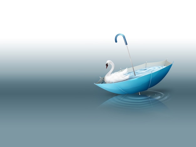 Il cigno bianco galleggia in un ombrello capovolto con acqua