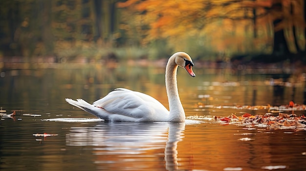 Il cigno bianco galleggia sul lago