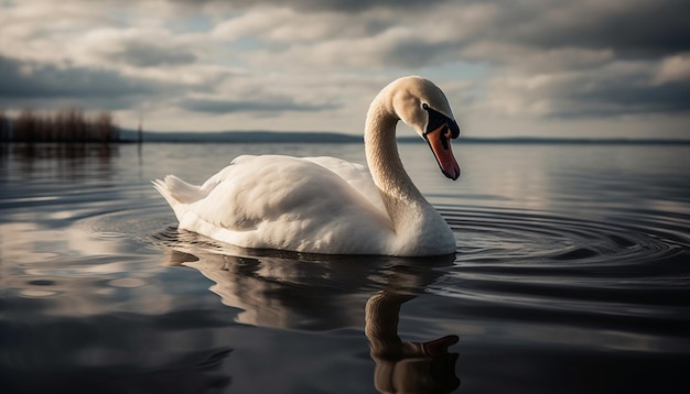 Il cigno reale scivola sull'acqua di un laghetto tranquillo generata dall'intelligenza artificiale