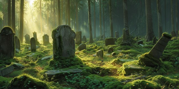 Il cimitero della foresta mistica alla luce del mattino