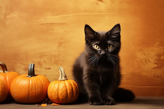 Il classico gatto nero di Halloween con candele di zucca inquietanti si illumina su uno sfondo scuro