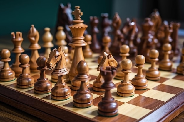 Il classico gioco intellettuale da tavolo delle posizioni di gioco degli scacchi Figure in legno generate dall'intelligenza artificiale