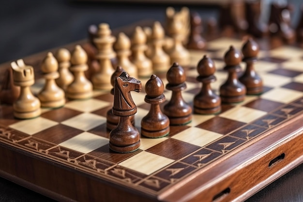 Il classico gioco intellettuale da tavolo delle posizioni di gioco degli scacchi Figure in legno generate dall'intelligenza artificiale