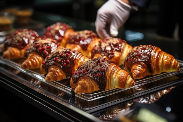 Il cliente esplora croissant e pane farciti nell'appetitosa vetrina IA generativa