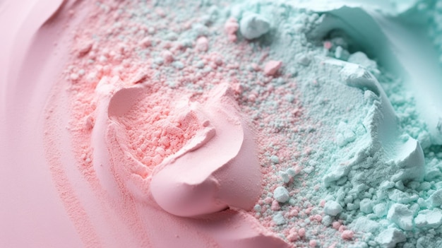 Il close-up di una superficie metallica lucida in rosso rosa, blu polvere e verde menta in stile pastello con una messa a fuoco morbida Illustrazione 3D esuberante