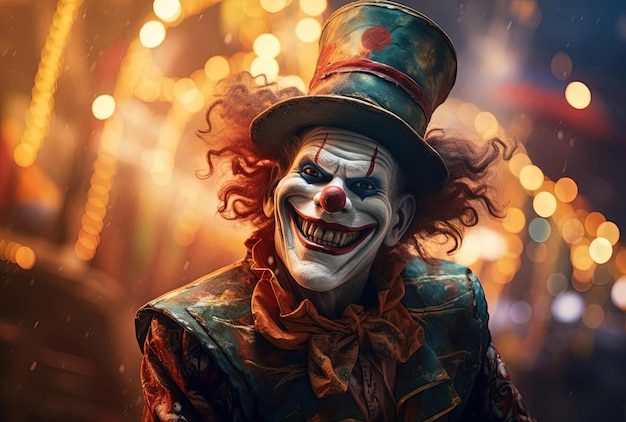 Il clown che sorride al buio davanti allo schermo del circo Imax