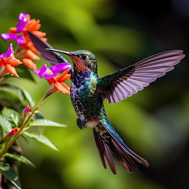Il colibrì succhia il nettare dai fiori con il movimento delle ali.