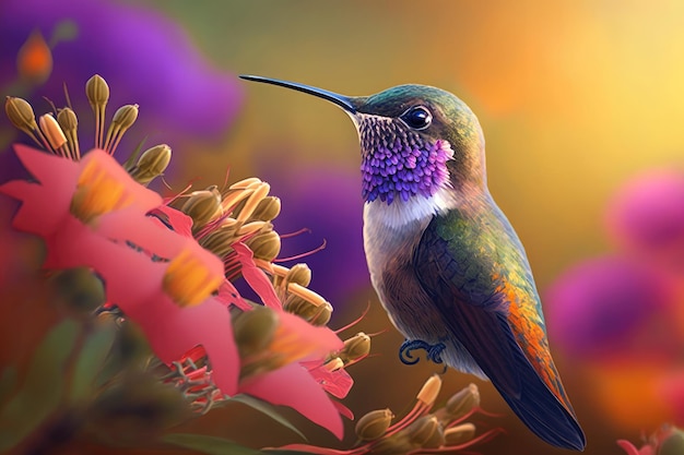 Il colibrì succhia il nettare dal fiore al mattino primo piano