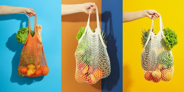 Il collage di foto della mano femminile tiene la borsa della stringa con il cibo