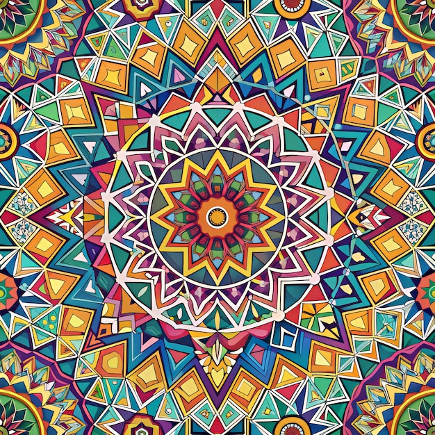 Il colorato disegno del mandala con modelli intricati e tonalità vivide su uno sfondo nero
