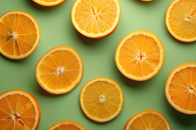 Il colorato disegno di frutta di fette di arance fresche su sfondo verde dalla vista dall'alto