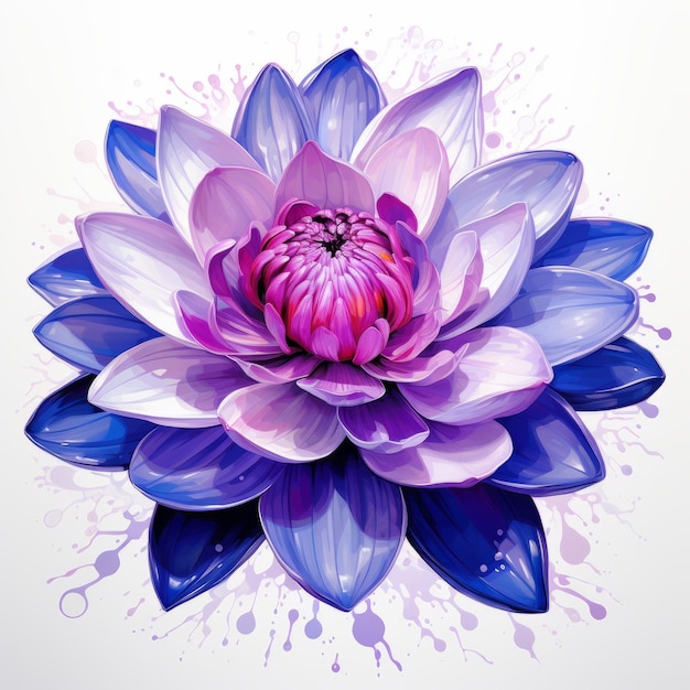 il colorato fiore di loto, caratterizzato da illustrazioni vivaci con schizzi viola e blu, mostra dettagli realistici in uno stile iperrealistico. la composizione monocromatica di blu marino chiaro e chiaro