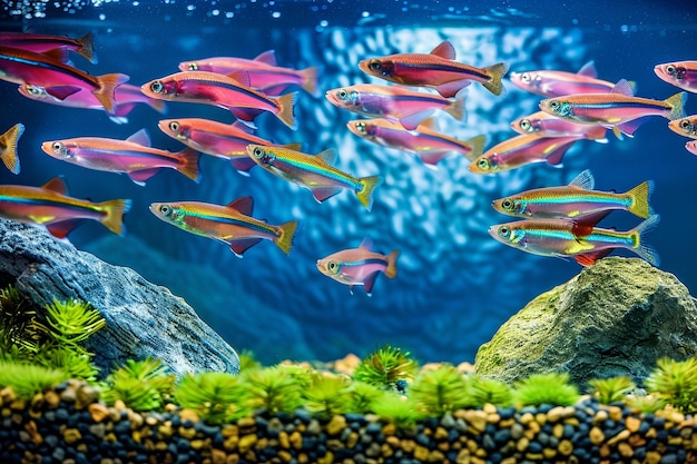 Il colorato gruppo di pesci arcobaleno in un acquario d'acqua dolce