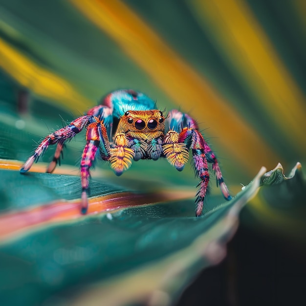 Il colorato ragno che salta su una foglia verde Ai generative