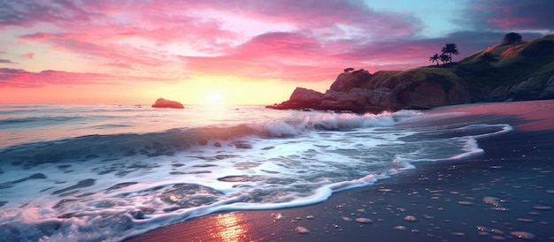 Il colorato tramonto si vede dalla spiaggia del mare blu-rosa con le onde che scorrono dolcemente sulla riva