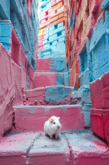 Il colorato vicolo urbano con una cavia bianca che esplora i gradini dipinti di rosa e blu