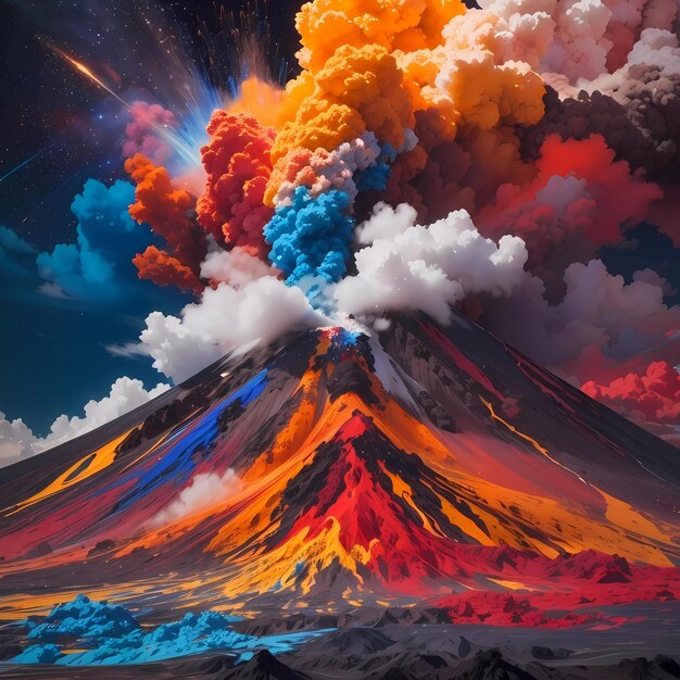 Il colorato vulcano in eruzione