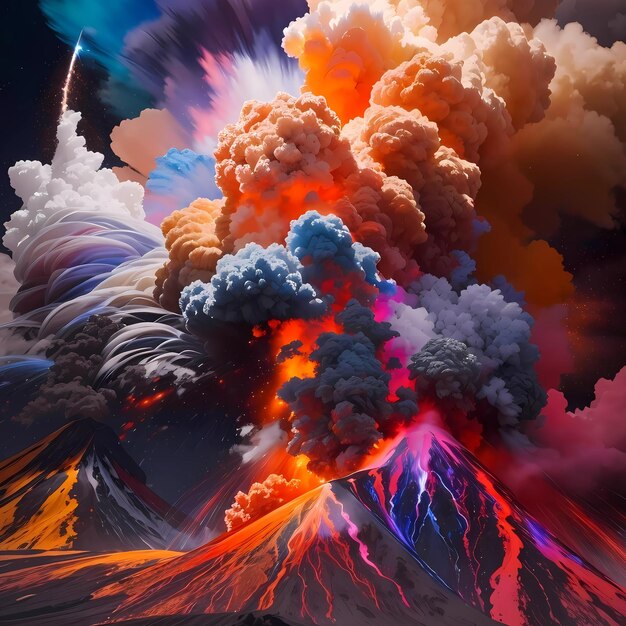 Il colorato vulcano in eruzione