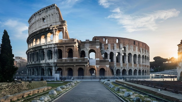 Il Colosseo di Roma e il sole mattutino in Italia