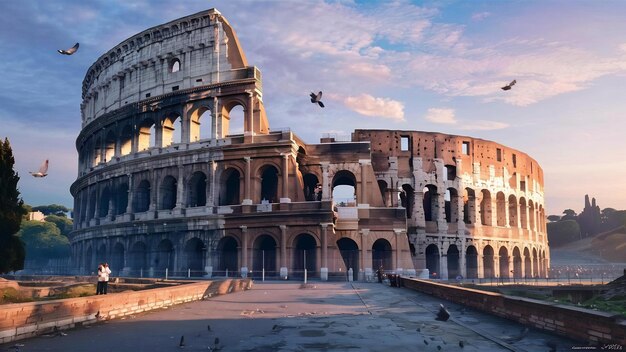 Il Colosseo di Roma e il sole mattutino in Italia