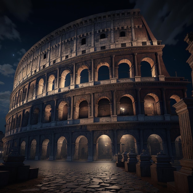 Il Colosseo è illuminato di notte con luci sulle pareti.