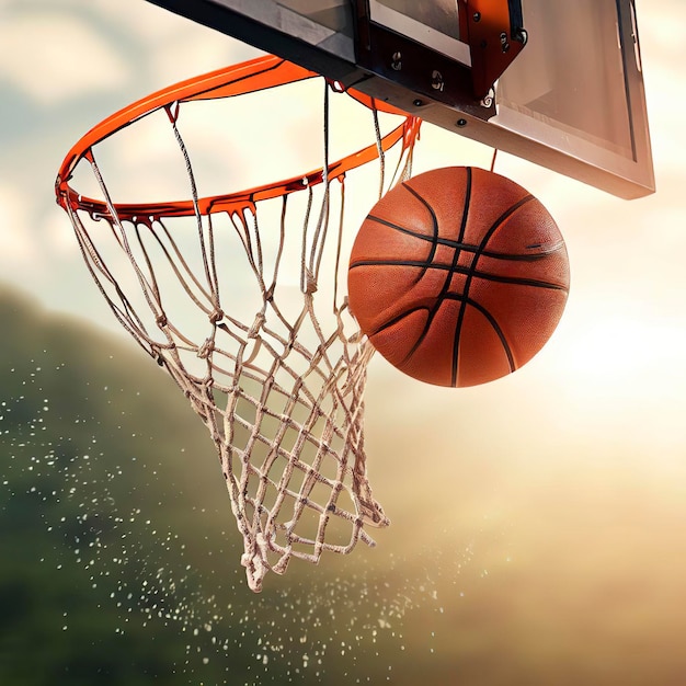 Il colpo di azione del basket cade attraverso l'anello di basket e la rete sullo sfondo della natura