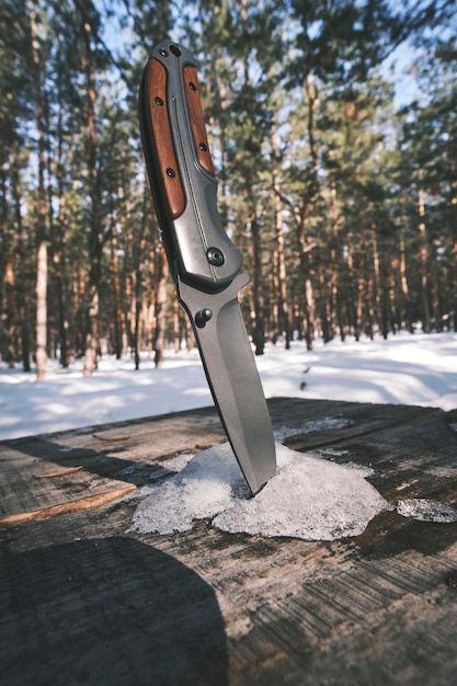 Il coltello pieghevole è bloccato nel tavolo del tavolo in piedi nella pineta invernale