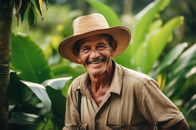 Il coltivatore di caffè felice con un sorriso radioso e generativo di Ai