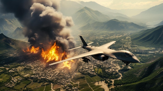 il combattente militare vola alto nel cielo sullo sfondo di una città in fiamme che genera un'intelligenza artificiale