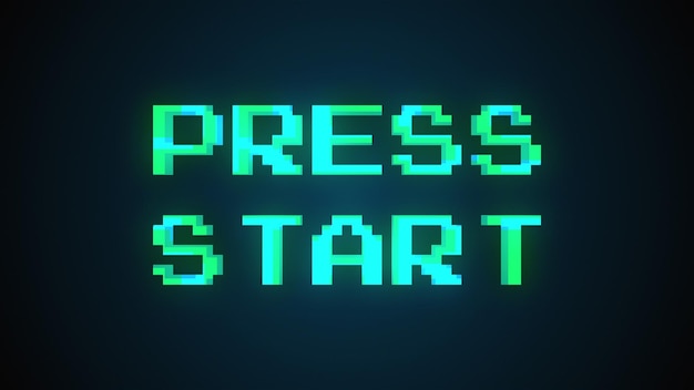 Il computer ha generato una schermata con un messaggio di testo Premere start Rendering 3d carattere a 8 bit sfondo nero per videogioco
