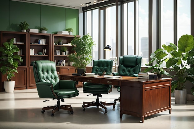 Il concept design degli interni dell'home office presenta una bellissima pianta naturale che crea un'atmosfera rilassante