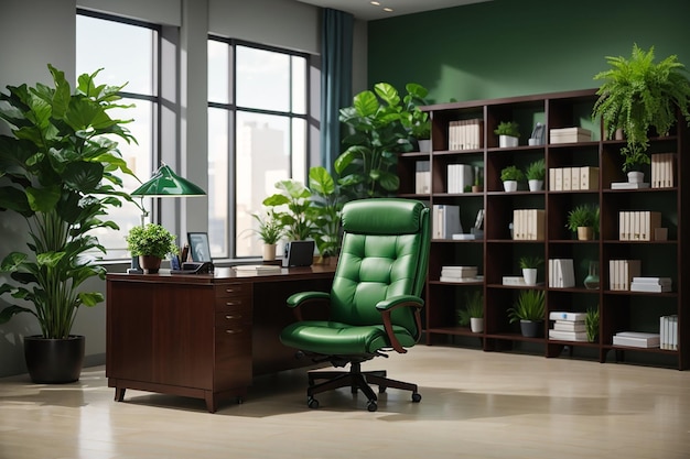 Il concept design degli interni dell'home office presenta una bellissima pianta naturale che crea un'atmosfera rilassante