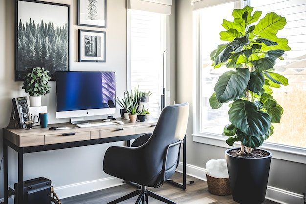 Il concept design degli interni dell'home office presenta una bellissima pianta naturale che crea un'atmosfera rilassante