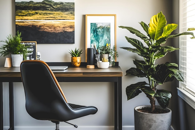 Il concept design degli interni dell'home office presenta una bellissima pianta naturale che crea un'atmosfera rilassante