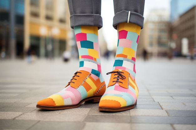 Il concetto anti-bullying di Odd Socks Day è costituito da calzini maschili colorati e eleganti a piedi all'aperto in primo piano.