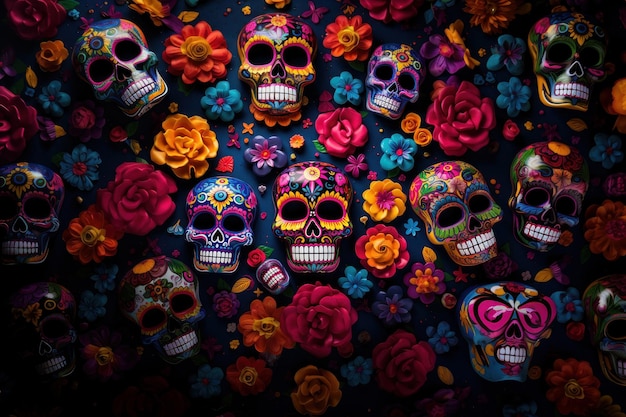 Il concetto del festival del Giorno dei Morti del teschio colorato generato da Ai