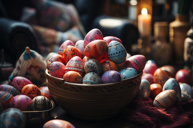 Il concetto del giorno di Pasqua nel soggiorno con dolci di coniglietto o uova decorative colorate Celebrazione di Pasqua