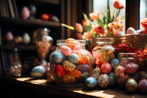 Il concetto del giorno di Pasqua nel soggiorno con dolci di coniglietto o uova decorative colorate Celebrazione di Pasqua