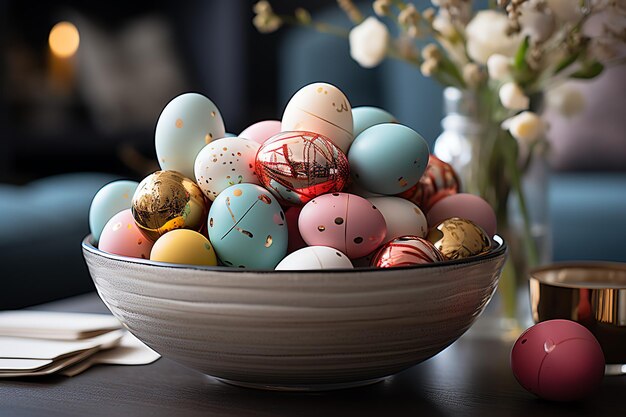 Il concetto del giorno di Pasqua nel soggiorno con dolci di coniglietto o uova decorative colorate Celebrazione di Pasqua