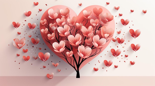 Il concetto del giorno di San Valentino due innamorati sotto un albero d'amore nella stagione primaverile carta arte e artigianato