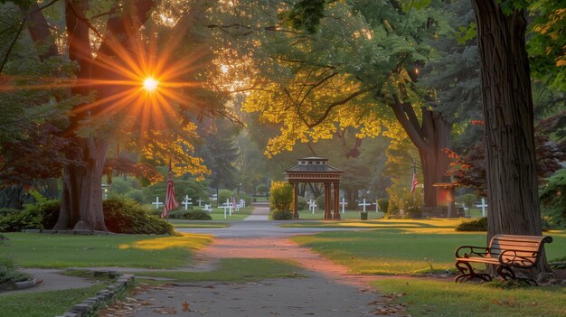 Il concetto del Memorial Day con l'alba nel cimitero Serene