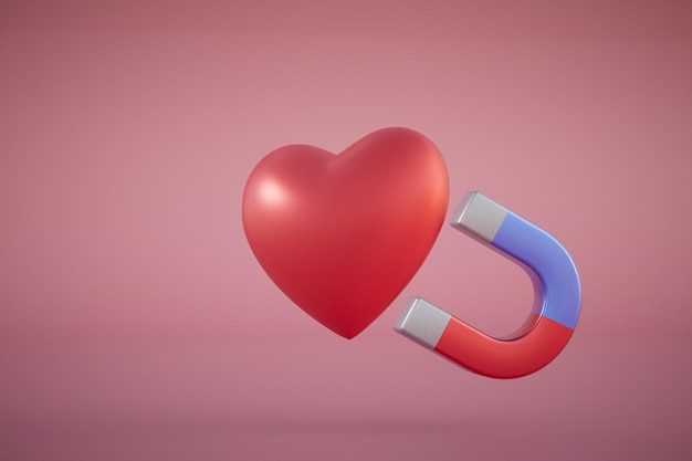 Il concetto dell'attrazione dell'amore un magnete che attrae il rendering 3D del cuore