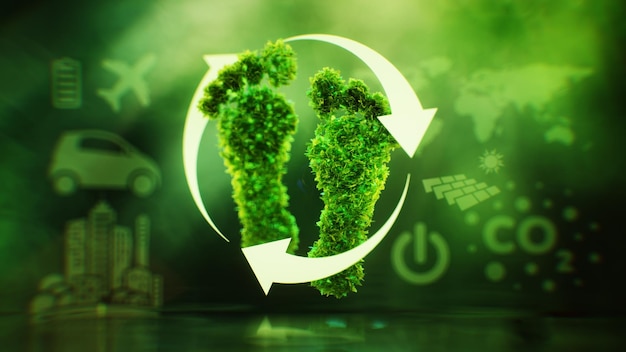 Il concetto dell'impatto dell'attività umana sulla natura e sul clima sotto forma di un simbolo di un'impronta umana coperta di foglie su uno sfondo verde lussureggiante illustrazione 3D