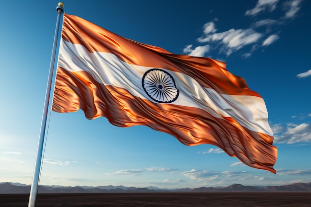 Il concetto della Giornata della Repubblica indiana La mano che tiene la bandiera indiana sullo sfondo del cielo 26 gennaio