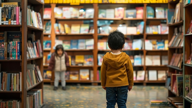 Il concetto della Giornata Mondiale del Libro: dei bambini davanti a una libreria AI generativa