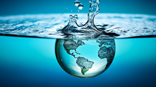 Il concetto della Giornata Mondiale dell'Acqua con il mondo in acqua pulita goccia su e acque fresche ondulazioni blu design risparmio ambientale ed ecologia concetto tema Elementi di questa immagine forniti dalla NASA