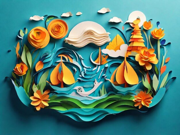 Il concetto della Giornata Mondiale dell'Acqua con l'arte cartacea 3D e l'illustrazione in stile artigianato digitale una goccia d'acqua in re