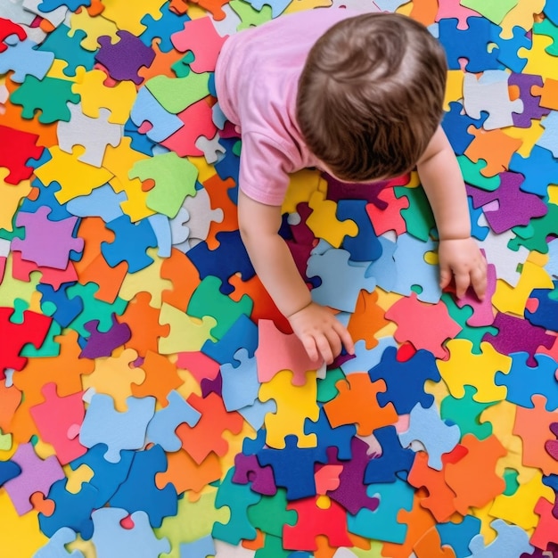 Il concetto della Giornata mondiale della consapevolezza dell'autismo mani che tengono un pezzo del puzzle foto di alta qualità